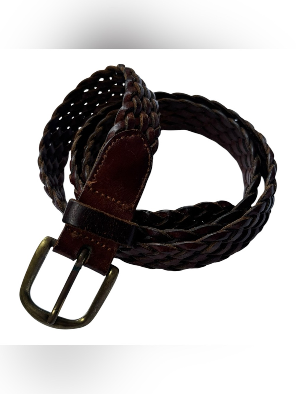 Brown Braided Leather Belt Brass Buckle Size 36 Classic Casual Style